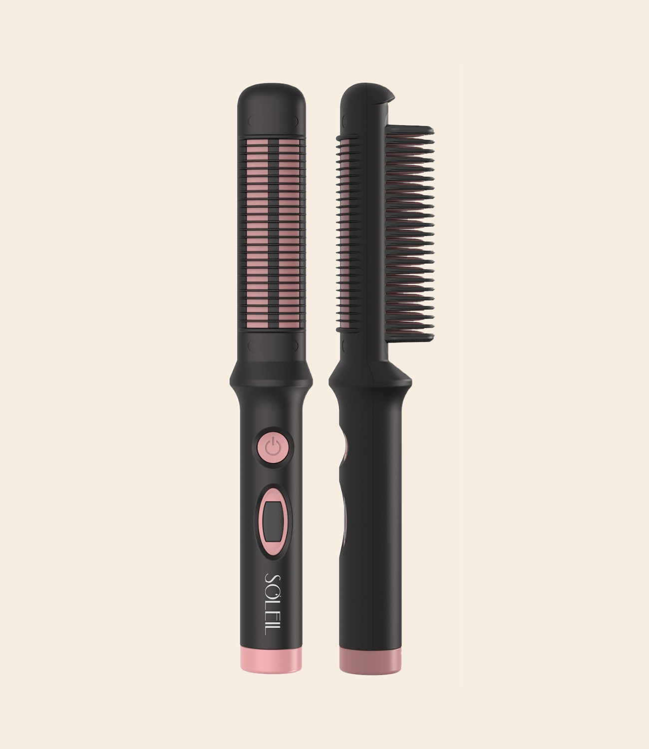 black soleil gliper pro with rose gold details, a power button and temperature display against a light beige background