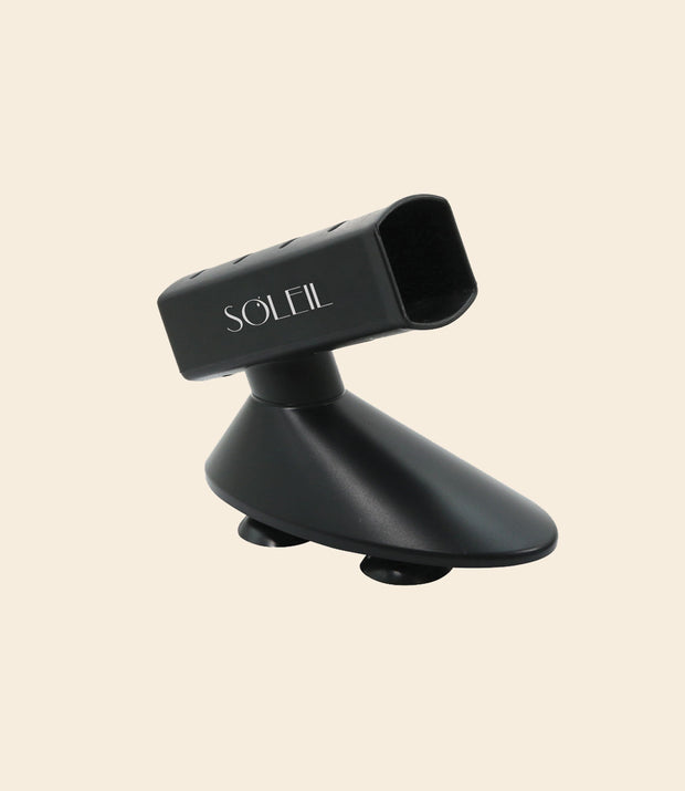 black flat iron holder with long base and white soleil logo