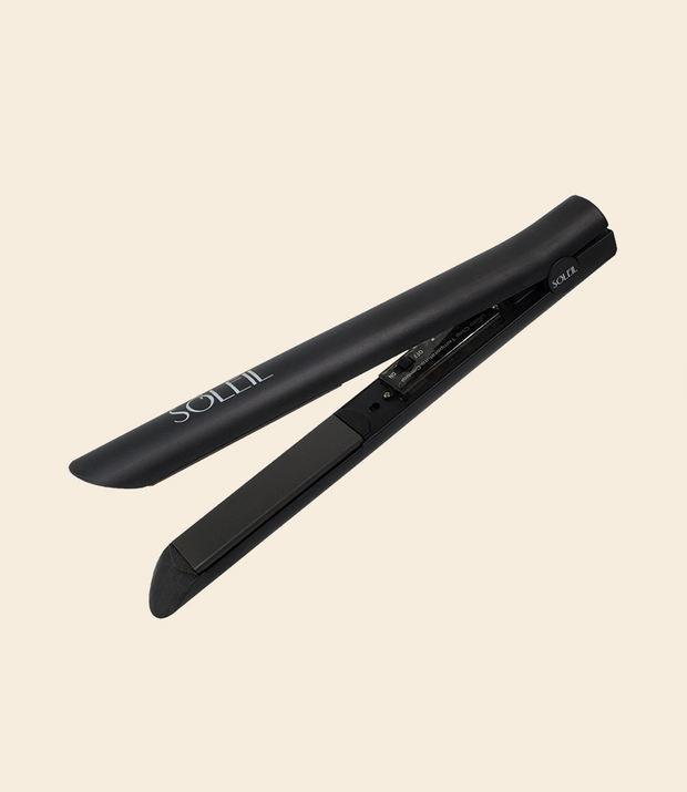 black soleil flat iron with black ceramic plate and details, with on and off button