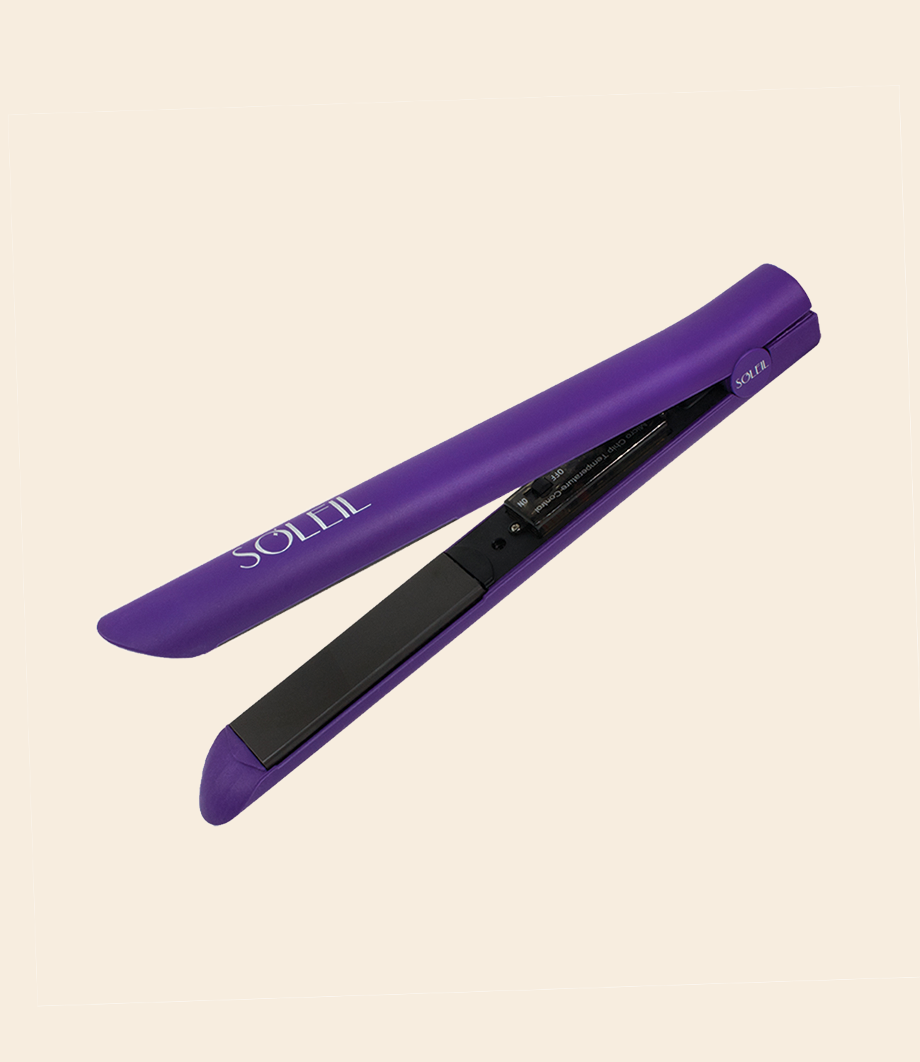 purple soleil flat iron with black ceramic plate and details, with on and off button