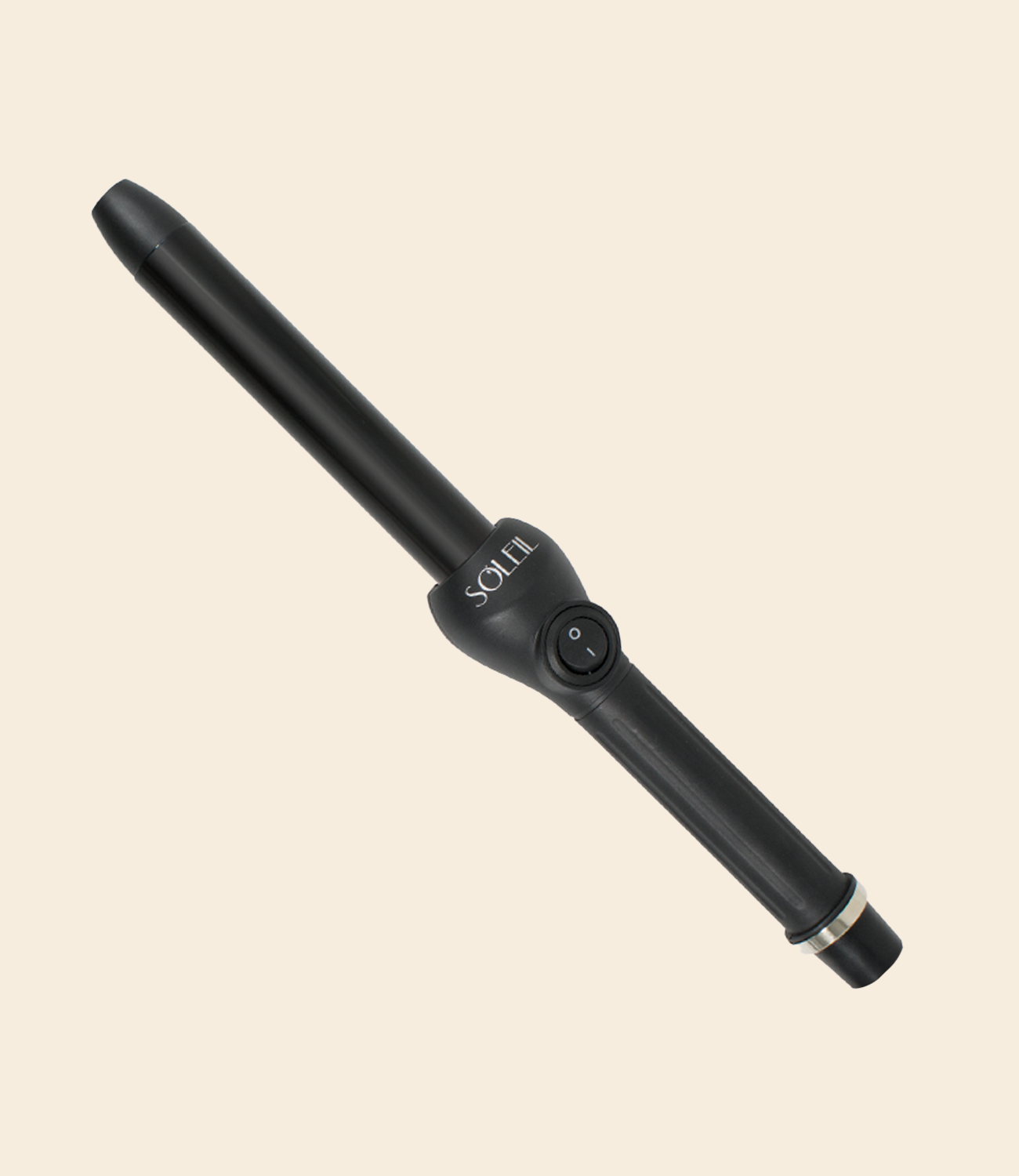 soleil black curling iron with one power button, barrel with 25mm and silver details against a light beige background