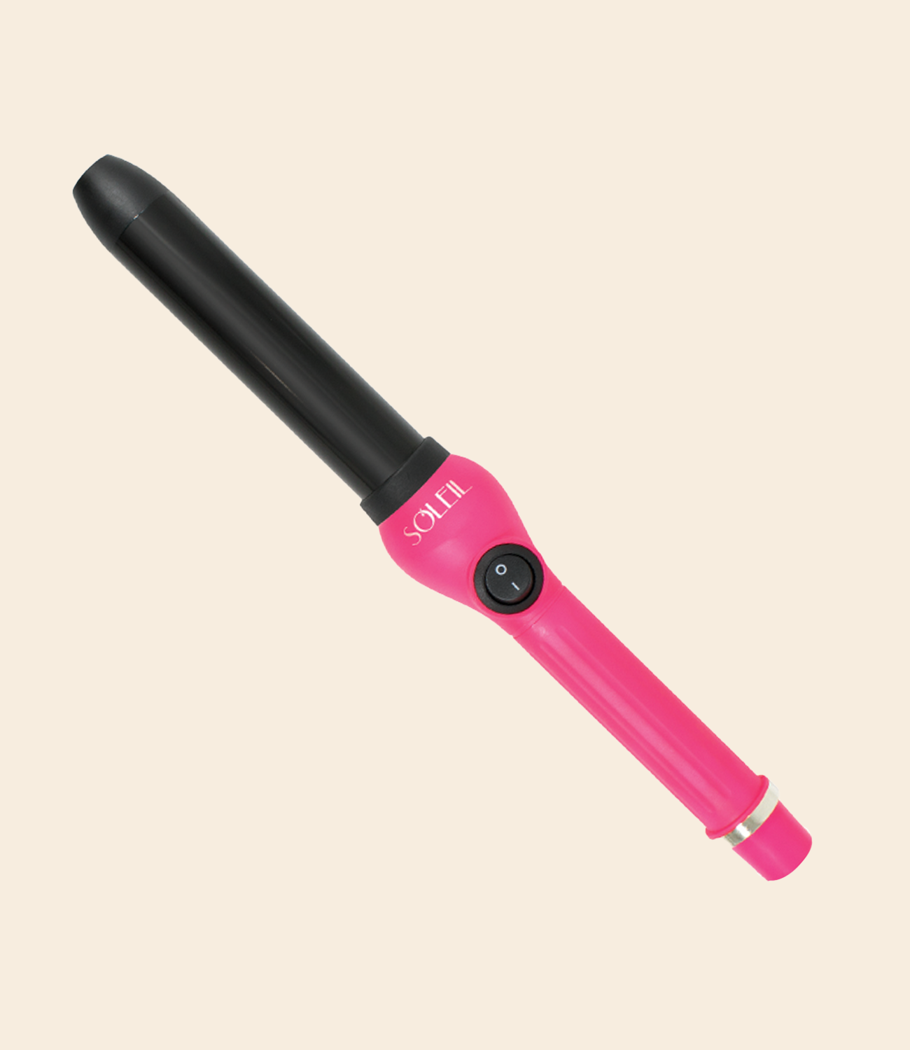 soleil curling iron with one power button, black barrel with 32mm, pink handle and silver details against a light beige background