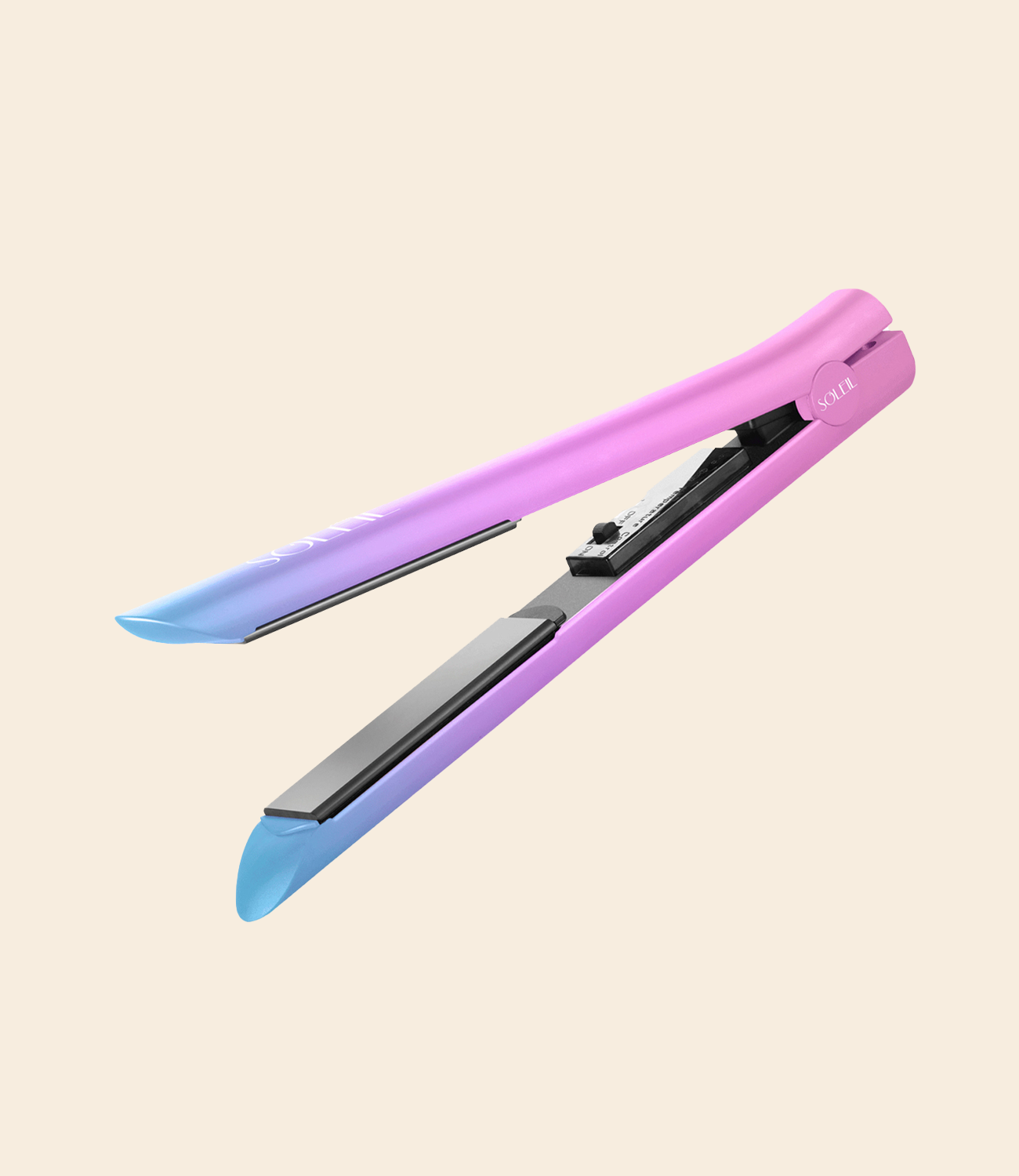 Soleil flat iron with gradient blue to pink color, black solid ceramic plates and on/off button. Set against a beige background