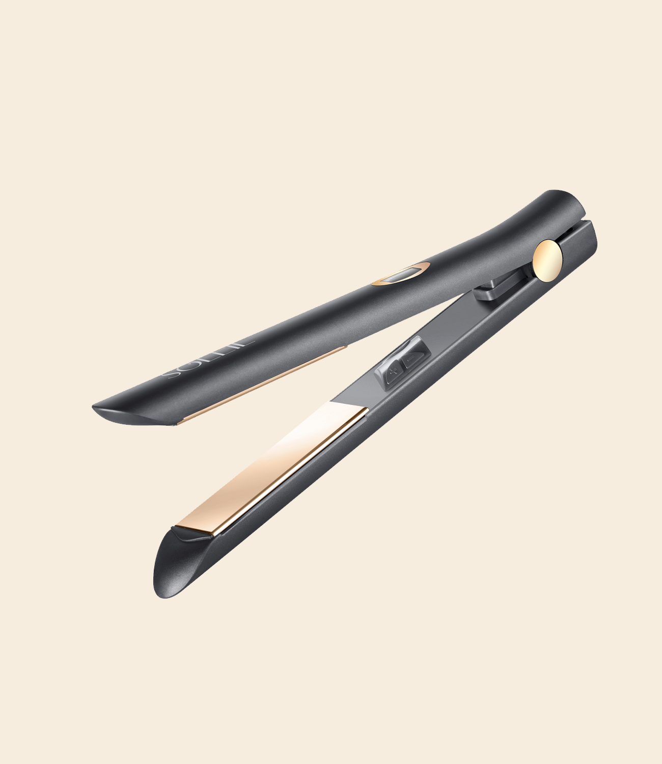 soleil black Infrared flat iron with gold color plates and detail against a light beige background